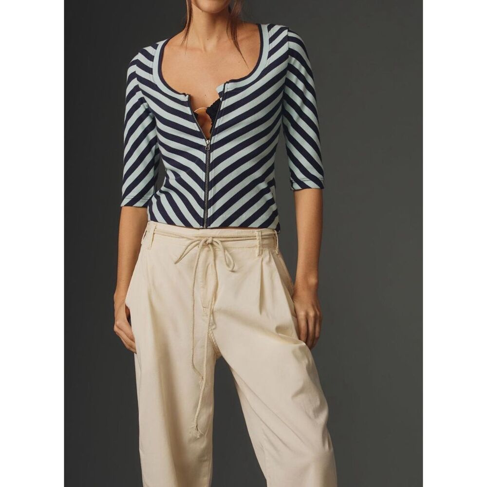 Maeve Navy and White Diagonal Stripe Zip-Front Top
